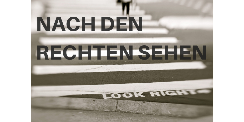 Britischer Zebrastreifen mit dem Schriftzug "look right" Britischer Zebrastreifen mit dem Schriftzug "look right"