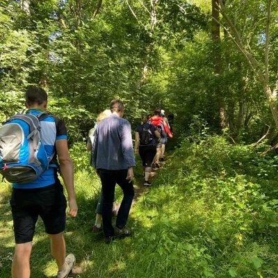 Die Reisegruppe wandert zu Fuß durch den Wald, sie sind von hinten zu sehen