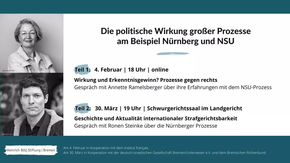 Eine Collage aus Text und Bild. Links sind zwei schwarz-weiß Bilder von Annette Ramelsberger und Ronen Steinke. Rechts steht: Die politische Wirkung großer Prozesse am Beispiel Nürnberg und NSU.