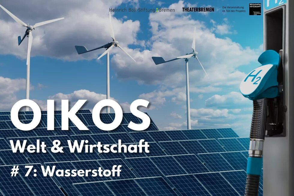 Im Hintergrund ist ein Foto mit drei Windrädern, ein paar Solarpanelen und einer Zapfsäule, auf der Steht: H2. Im Vordergrund steht in weißer Schrift: OIKOS. Welt & Wirtschaft #7 Wasserstoff