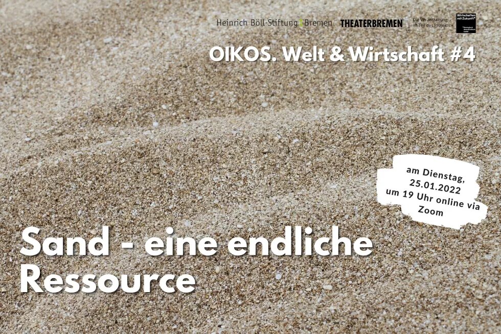 Im Hintergrund ist eine Nahaufnahme von Sandkörnern am Strand. Darauf steht in weißer Schrift: Sand - eine endliche Ressource