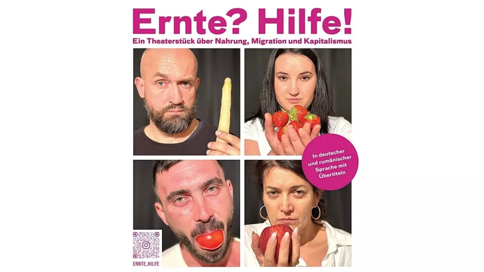 Eine Collage aus vier Porträts von zwei Frauen und zwei Männern. Sie haben jeweils ein Lebensmittel in der Hand und schauen erst in die Kamera. Darüber steht in pinker Schrift: Ernte? Hilfe!