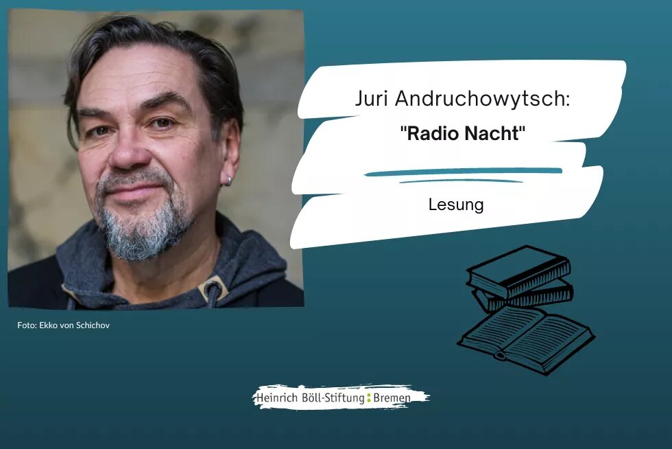 Ein Porträtfoto vom Autor Juri Andruchowytsch. Er hat dunkle Haare, braune Augen und einen gräulichen Bart, trägt einen Kapuzenpulli und einen Ohrring im linken Ohr. Daneben steht: Juri Andruchowytsch: Radio Nacht. Lesung.