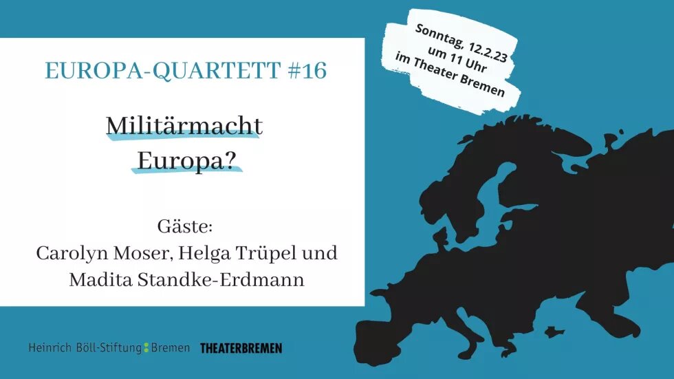 Eine Kollage aus Textboxen und Symbolen. Links ist eine große weiße Box in der steht: Europa-Quartett #16 Militärmacht Europa? Rechts davon ist auf blauem Untergrund eine schwarz eingefärbte Karte von Europa.